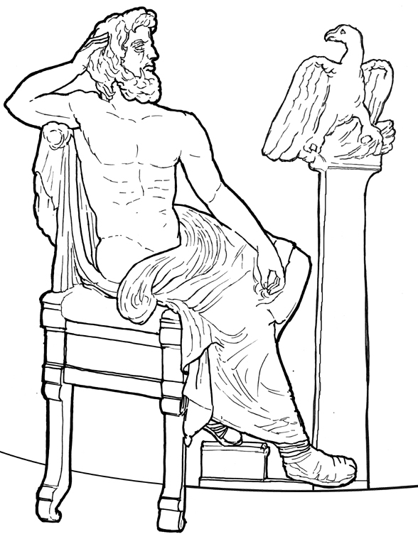 Line drawing of the god Zeus, bearded and half-nude, seated next to an eagle perching with thunderbolts in its talons.